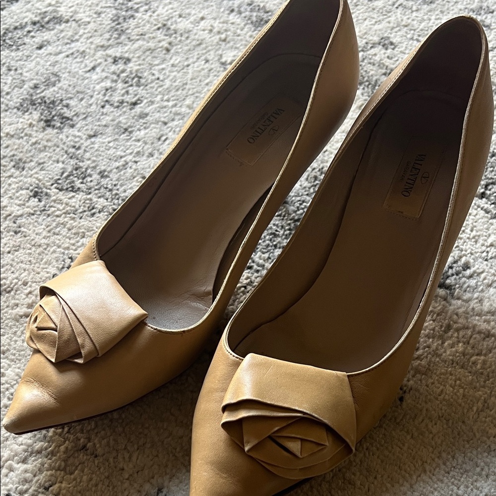 Valentino Tan Leather Heels with Rosette Detail